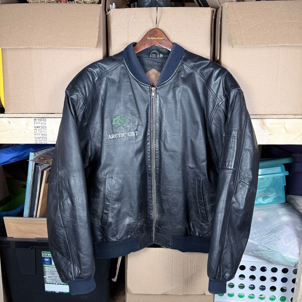 Mens Arctic Cat Leather‎ Bomber Jacket Cat Logo Embroidered Zip Up mens medium